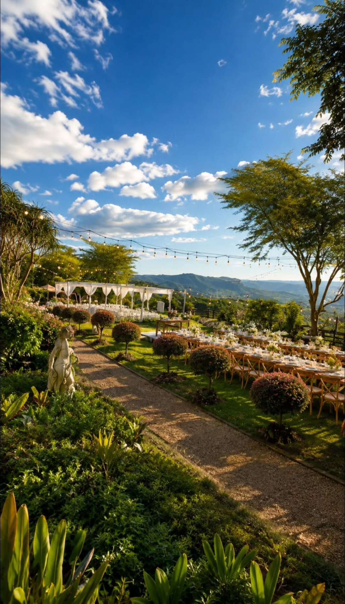 Long table set for a wedding dinner on the lawn at sunset