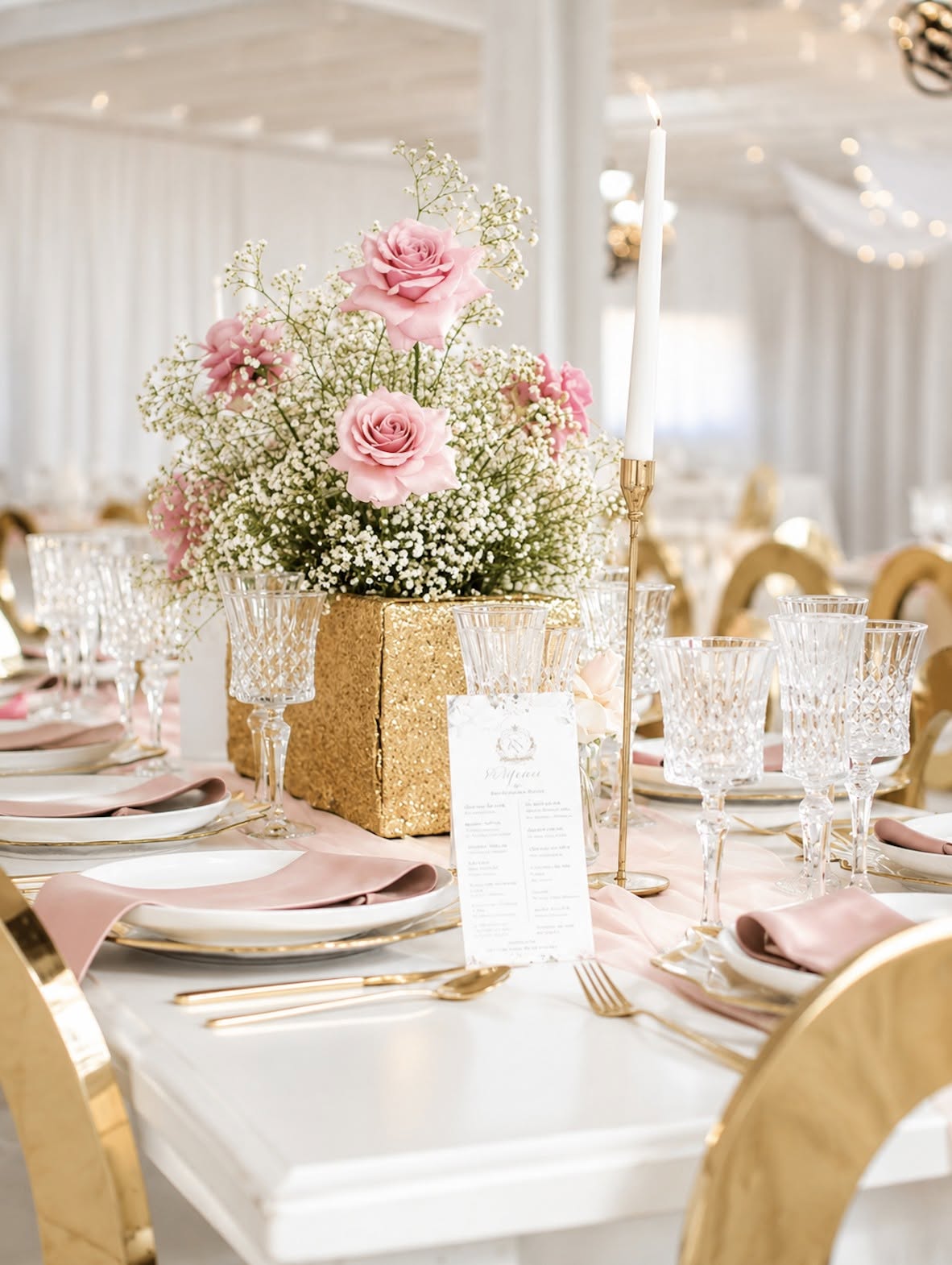 Place setting detail with florals and candlelight