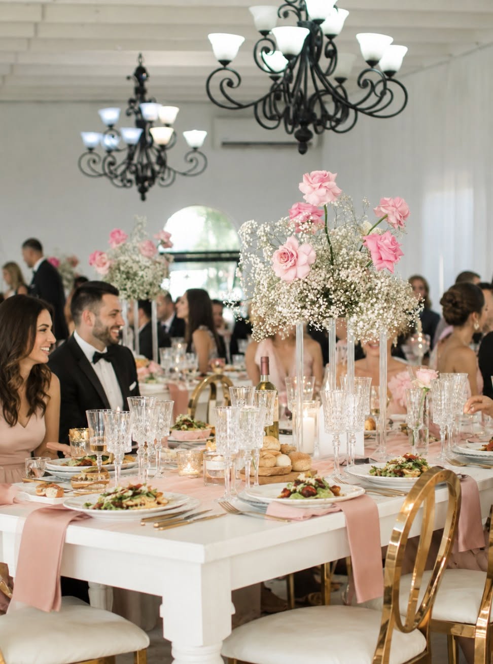 Guests at a long celebration table with floral centrepieces