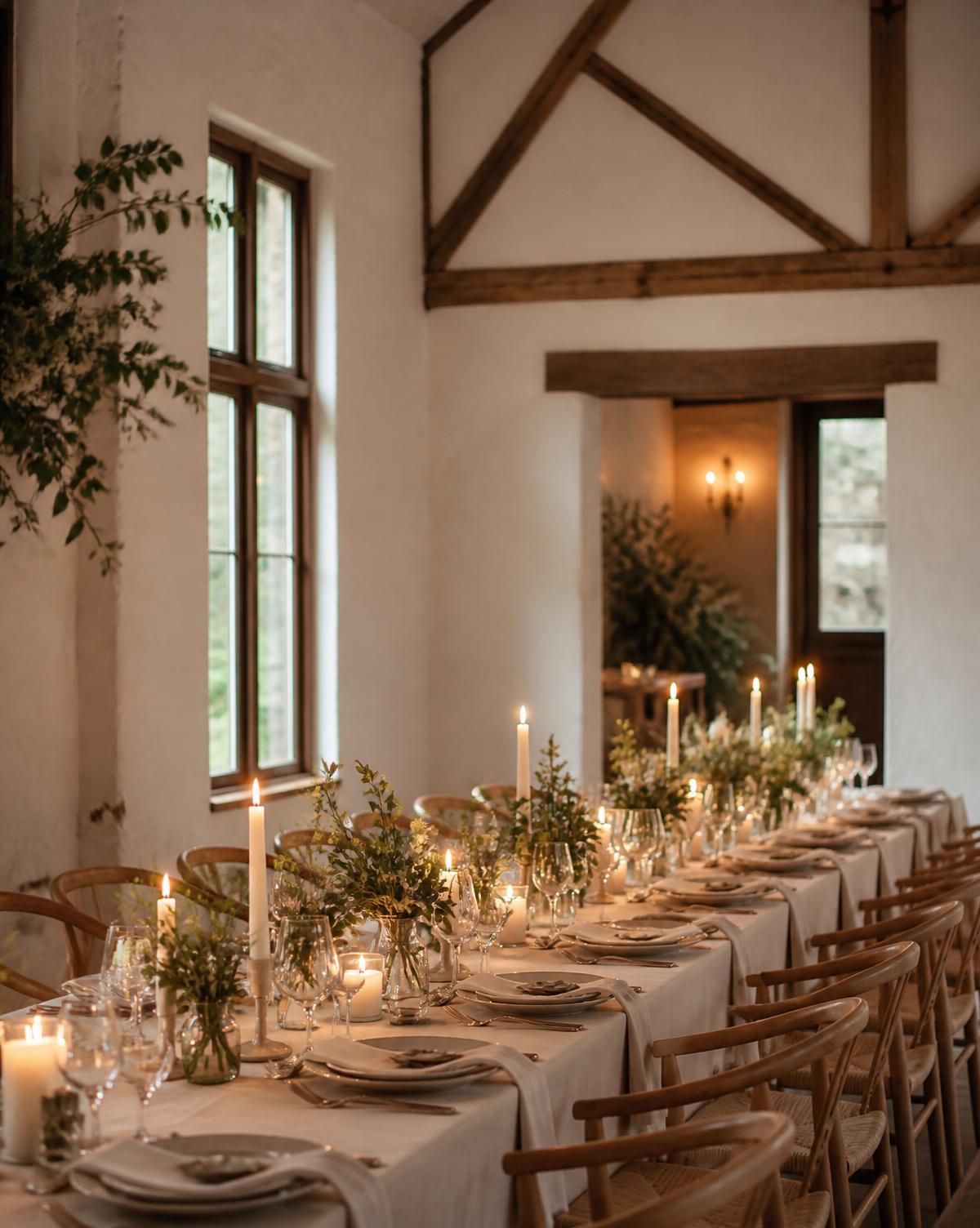 Candlelit indoor venue with timber beams