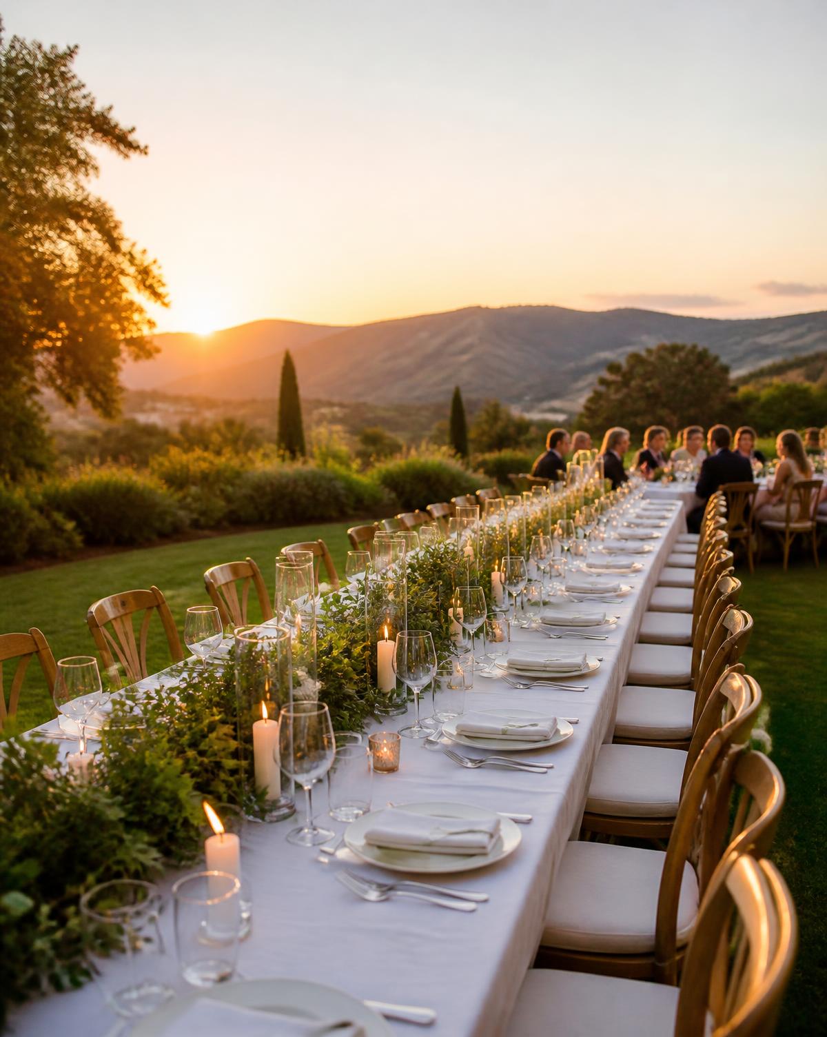 Long table set for dinner on the lawn at sunset